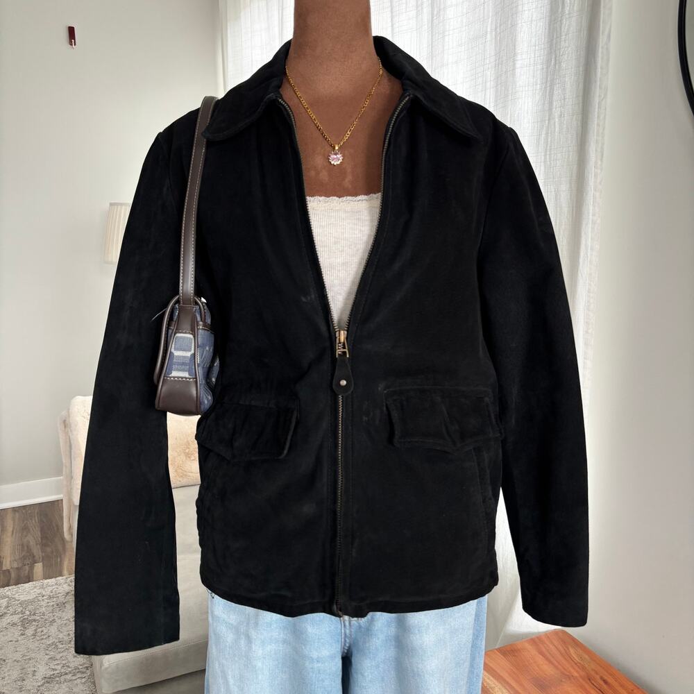 Vintage 90s Distressed Black Suede Leather Bomber Jacket Quilted Lining No Size - Picture 2 of 16